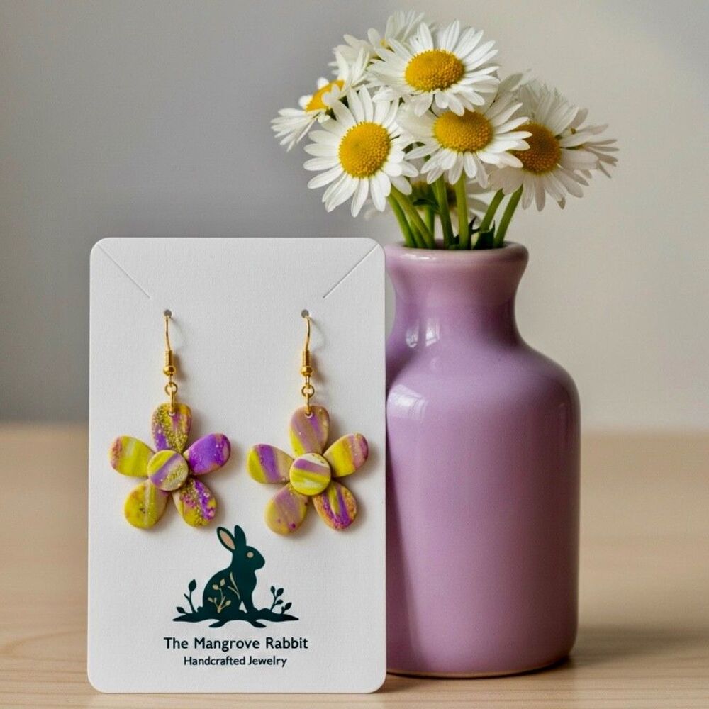 Purple Yellow Retro Flower Handmade Polymer Clay Colorful Dangle Earrings